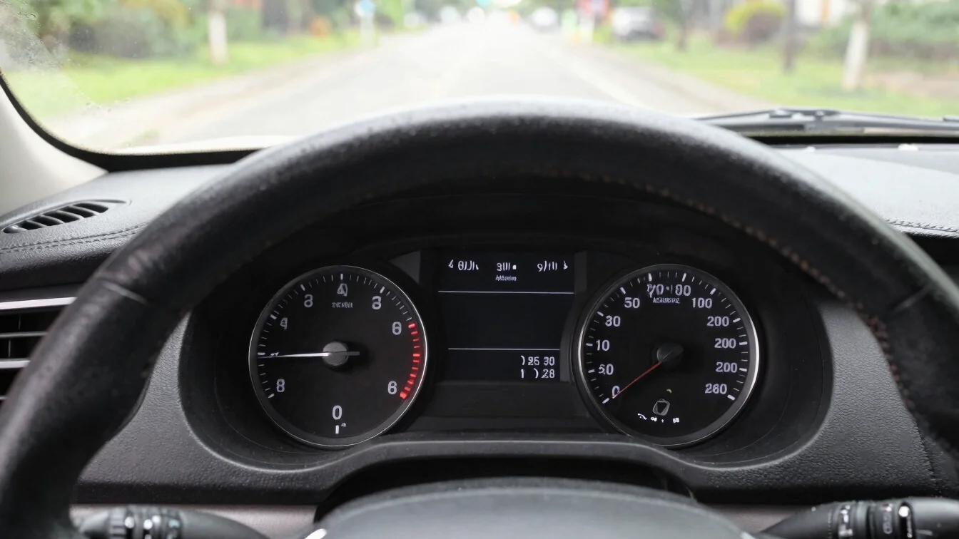 Close detail of a pre-owned vehicle dashboard and instrument cluster in natural daylight, realistic color, sharp focus