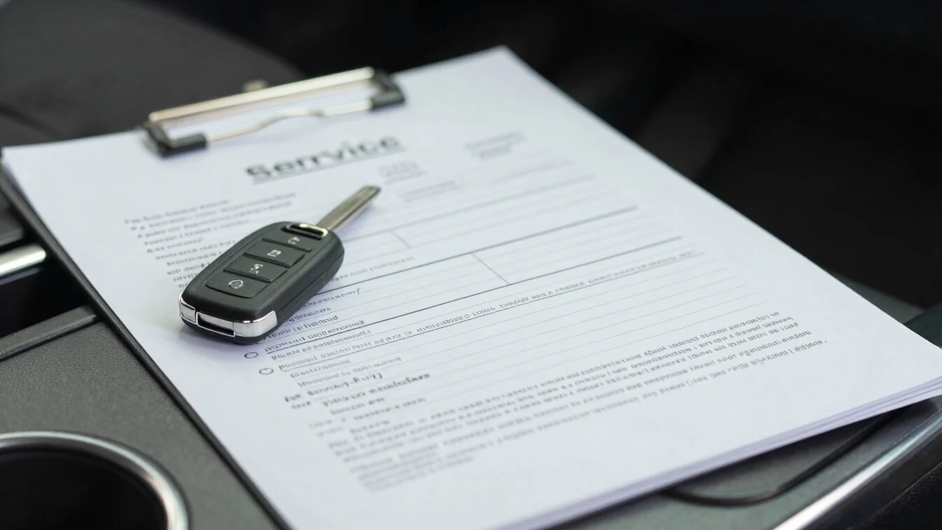 Close detail of a vehicle's service paperwork resting on a clean surface beside a car key, natural daylight