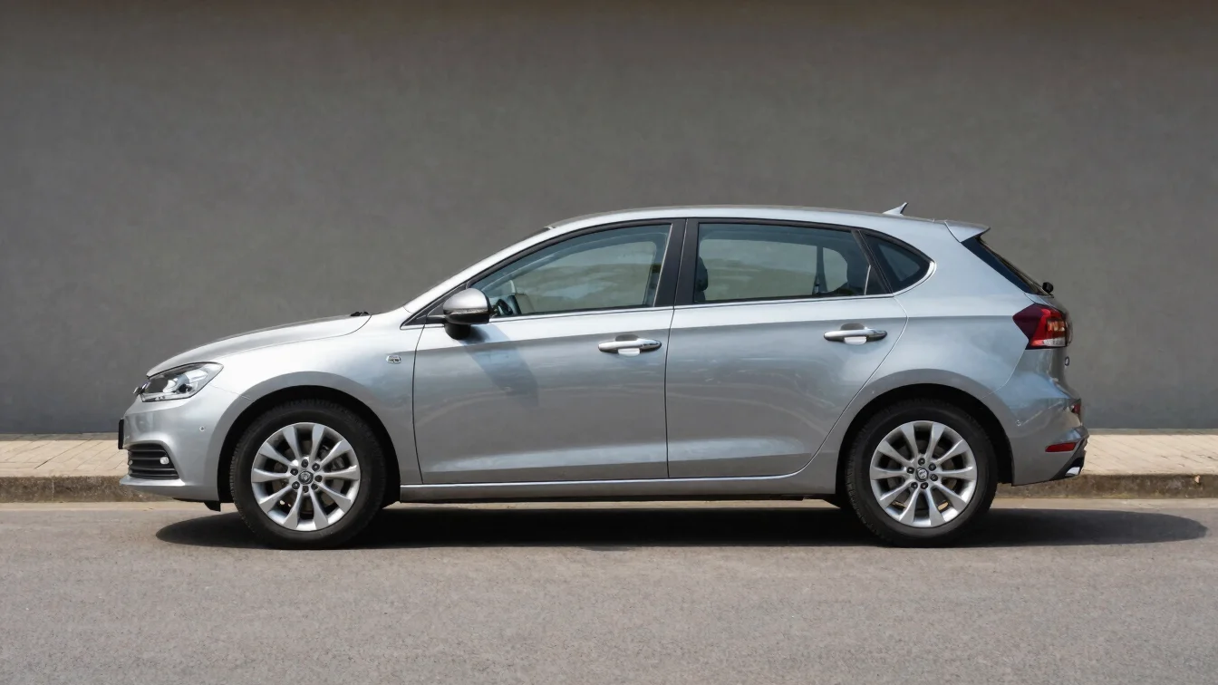 Clear three-quarter view of a pre-owned hatchback parked outdoors in daylight, uncluttered composition