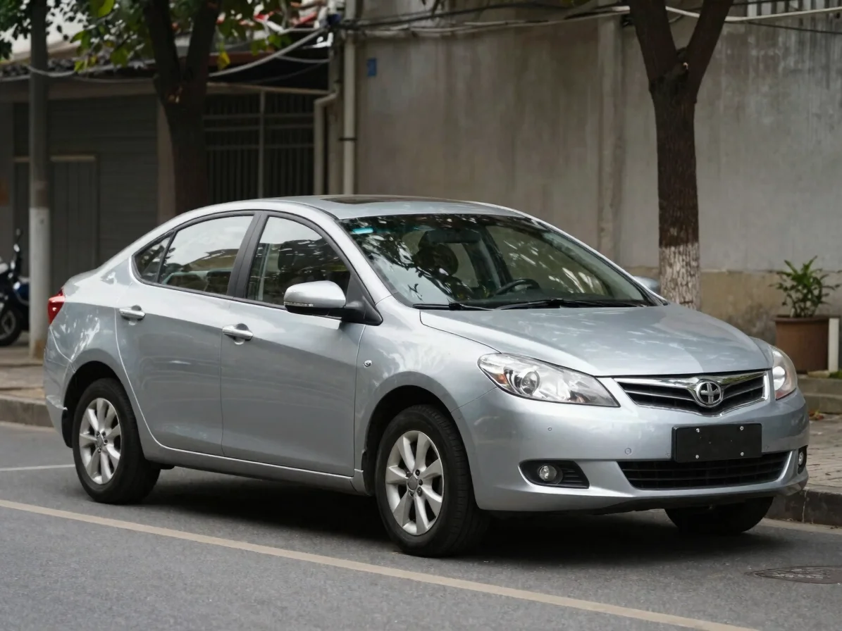 Clear three-quarter exterior view of a pre-owned sedan parked on a quiet street, natural daylight, realistic color, cont
