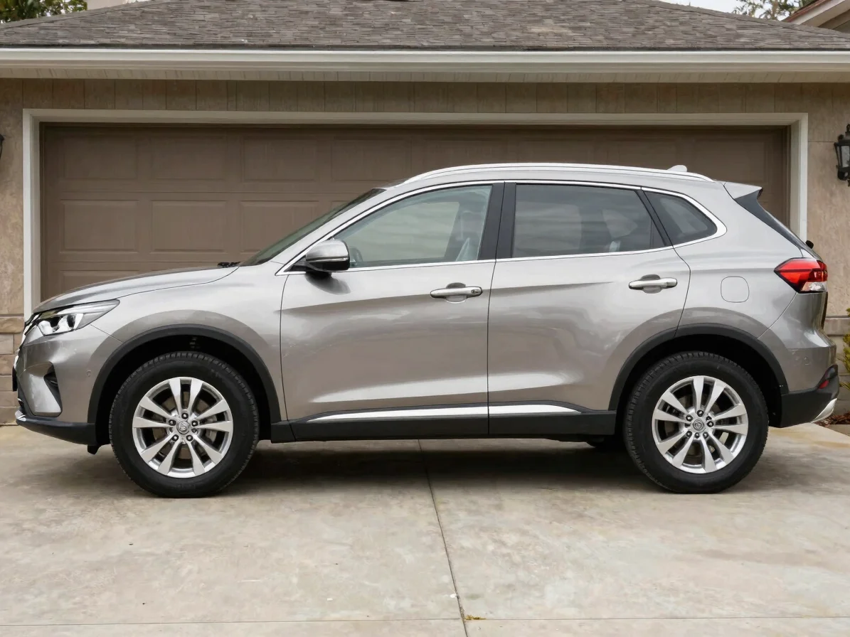 Clear three-quarter exterior view of a pre-owned crossover SUV in a driveway, natural daylight, realistic color, restrai