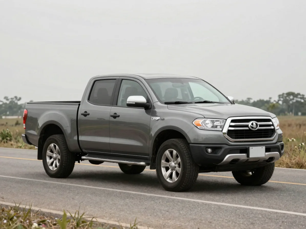 Clear three-quarter exterior view of a pre-owned pickup truck on an open road, natural daylight, realistic color, contro