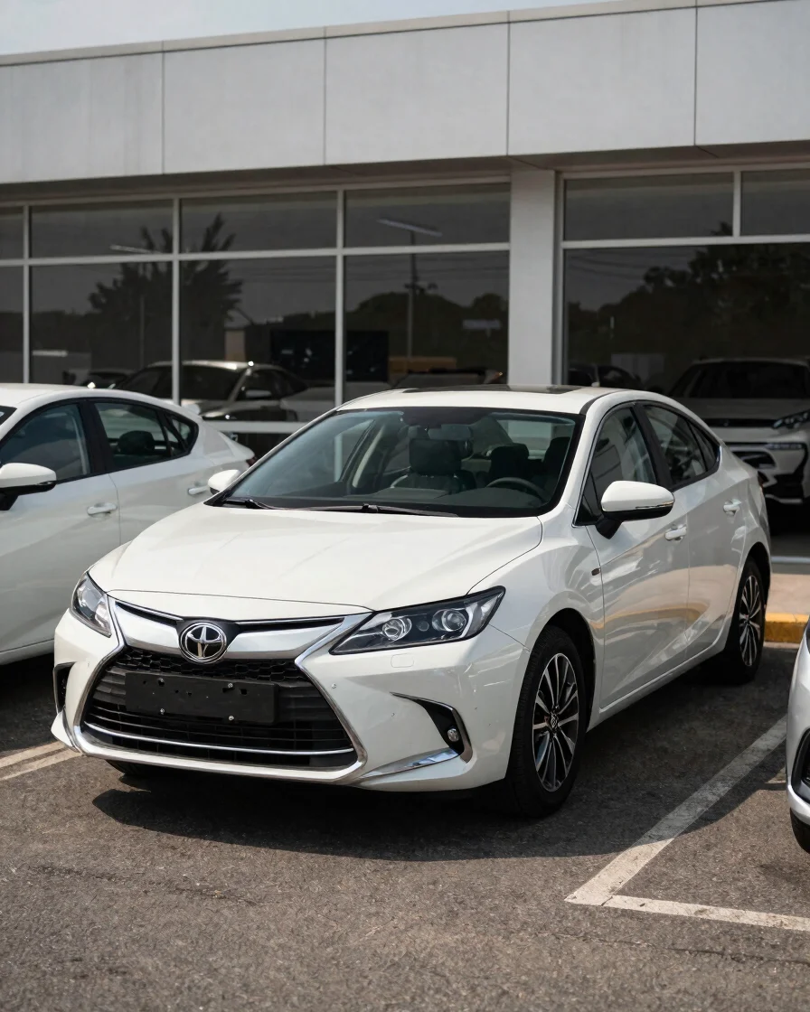 Editorial automotive photograph of a pre-owned sedan parked on a dealership lot in natural daylight, clean reflections o