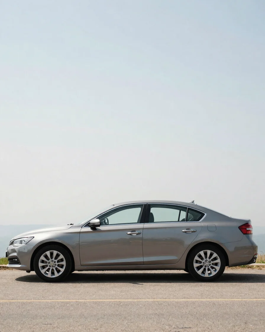 Unpolished three-quarter exterior profile of a pre-owned sedan in natural daylight, realistic color, clean reflections,