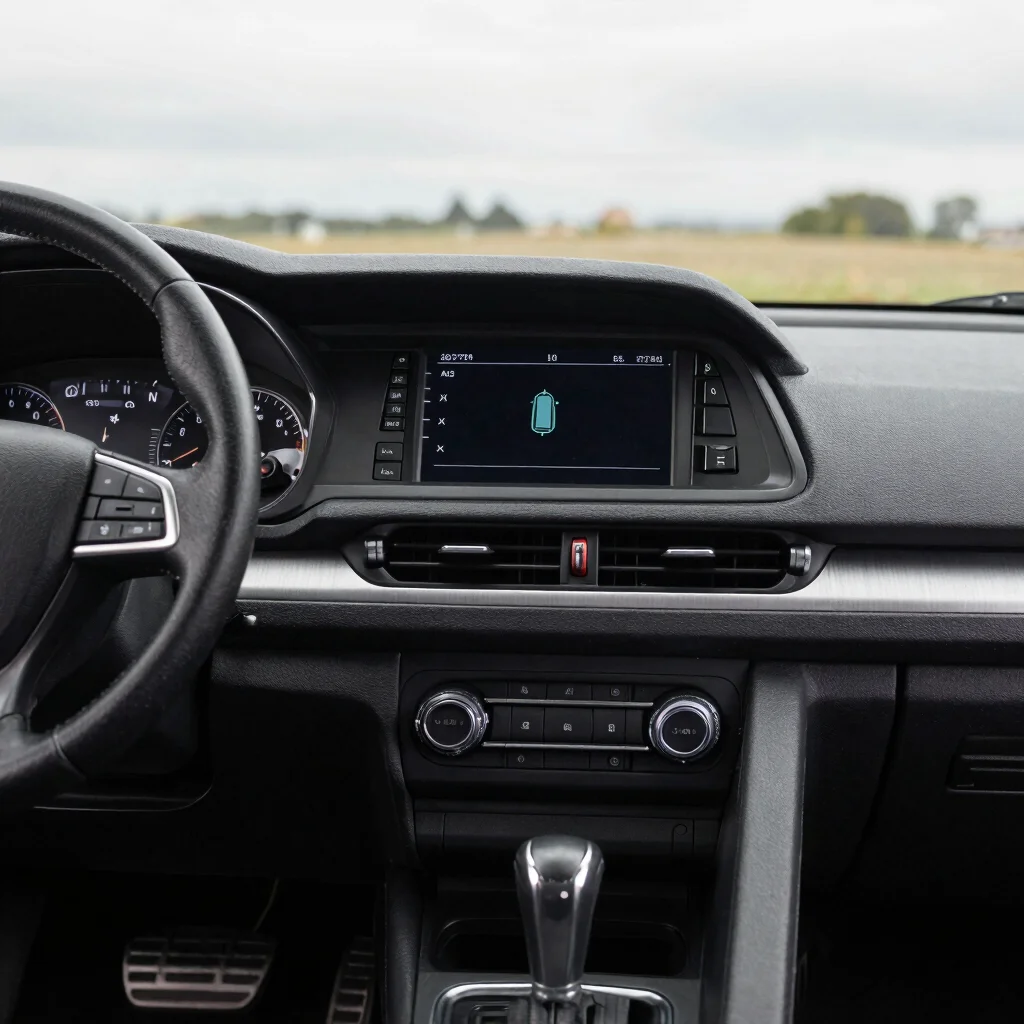 Interior dashboard console of a pre-owned vehicle with clear instrument cluster, natural daylight, realistic color, 35mm