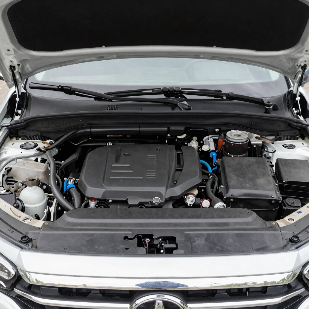 Engine bay of a pre-owned vehicle showing clean components, natural daylight, realistic color, 35mm lens
