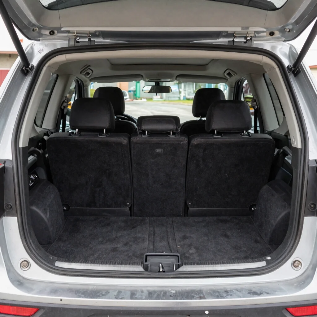 Open cargo area of a pre-owned crossover with folded seats, natural daylight, realistic color, 35mm lens