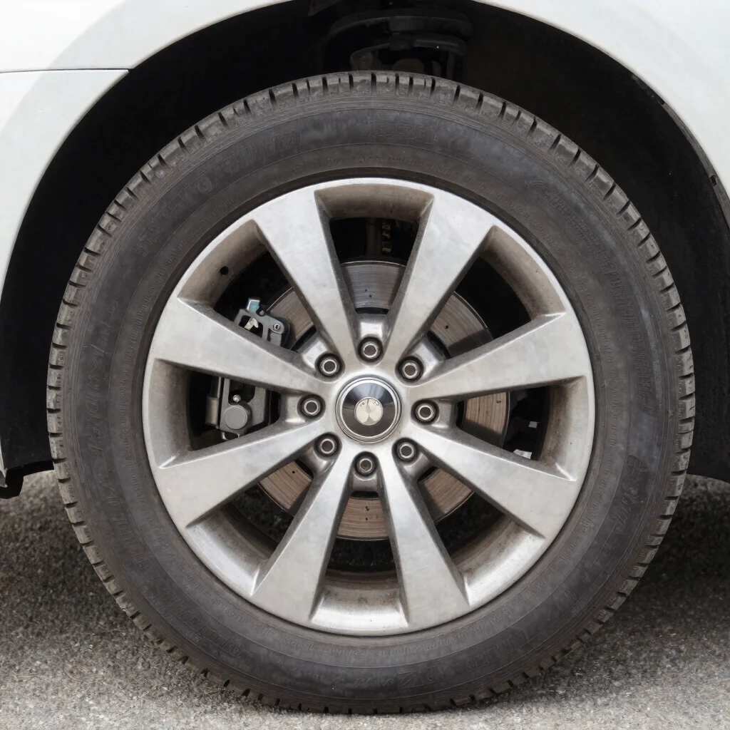 Close detail of a pre-owned vehicle wheel and brake assembly, natural daylight, realistic color, 35mm lens