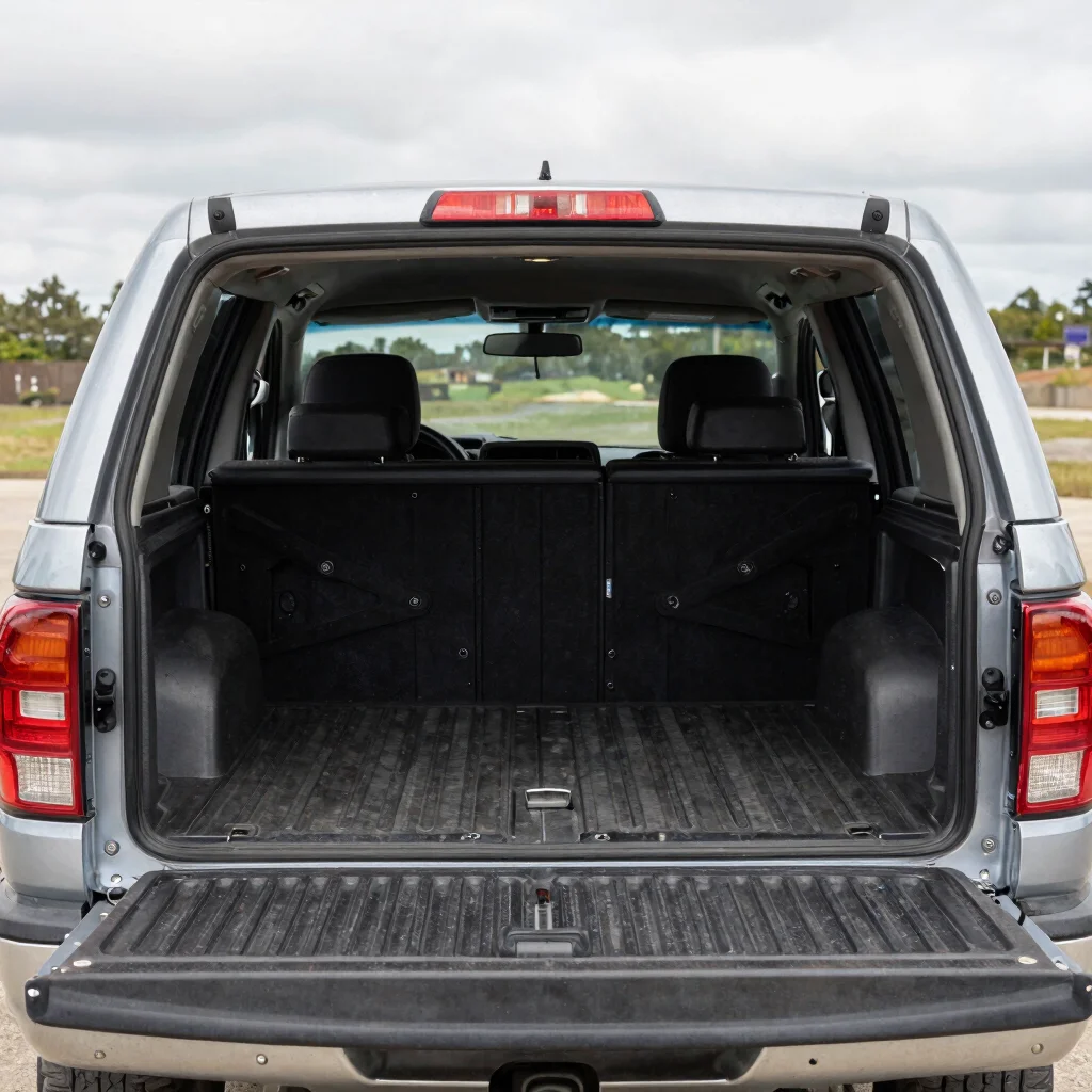 Interior cargo bed of a pre-owned pickup truck with tailgate open, natural daylight, realistic color, 35mm lens
