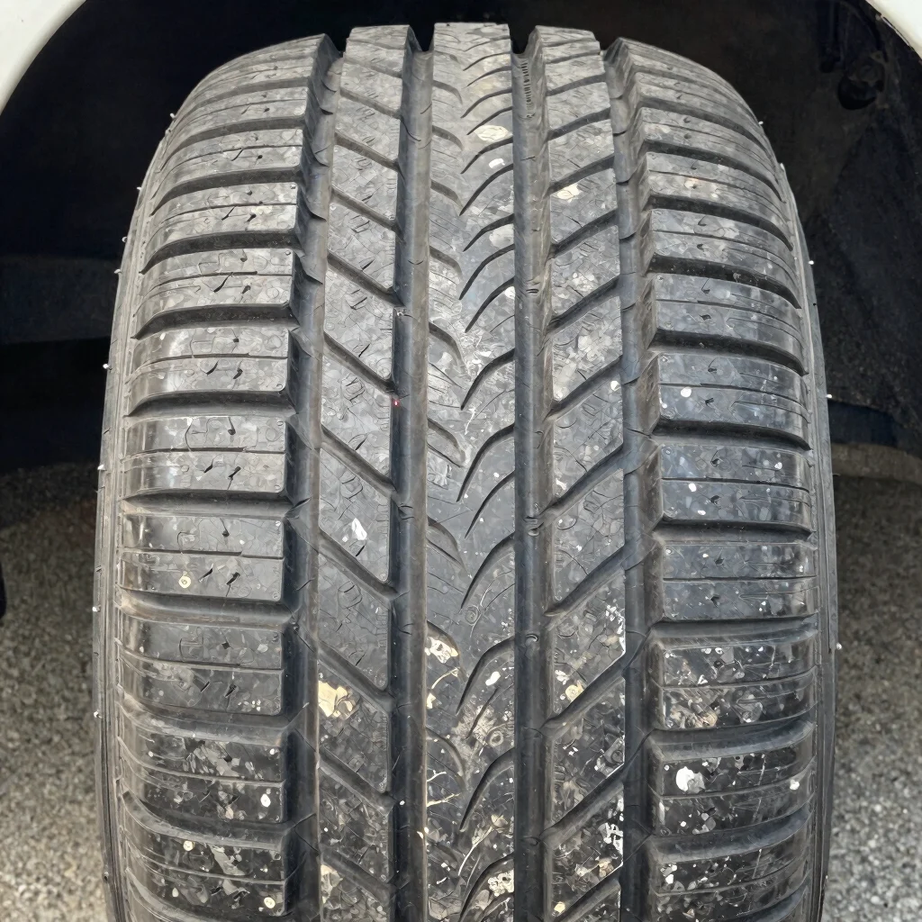 Close detail of a pre-owned vehicle tire tread and sidewall, natural daylight, realistic color, 35mm lens
